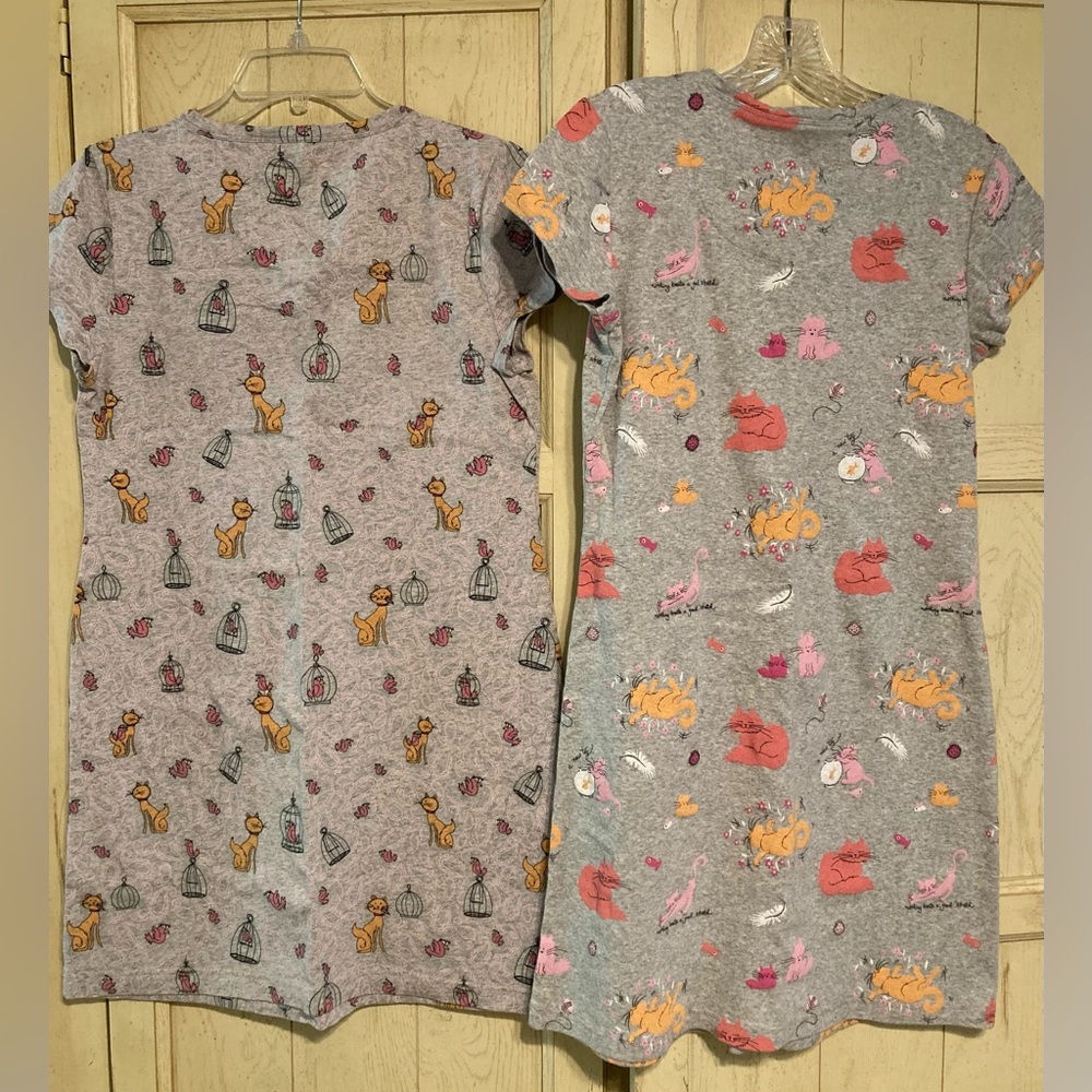 S/2 Gray Cat Print Nightgowns, SMALL, NEW - Picture 2 of 15